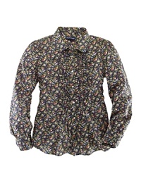 A romantic floral pattern and precious ruffles lend a whimsical feel to a pintucked button-up, crafted from airy woven cotton and finished with an adorable Peter Pan collar. A romantic floral pattern and precious ruffles lend a whimsical feel to a pintucked button-up, crafted from airy woven cotton and finished with an adorable Peter Pan collar.