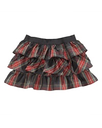 Traditional tartan plaid is crafted into a flirty tiered skirt accented with a flurry of ruffles for a fun, stylish touch. Traditional tartan plaid is crafted into a flirty tiered skirt accented with a flurry of ruffles for a fun, stylish touch.