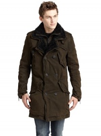 THE LOOKFaux shearling layered notch collarConcealed front zipperDouble-breasted button frontEpaulettesDual chest gun flapsFront zip pocketThree angled snap flap pocketsLong sleeves with zip cuffsBack button storm flapBack side vents with zipper closuresDual inside besom pocketsTHE FITAbout 37 from shoulder to hemTHE MATERIALShell: cottonFaux fur lining: 50% polyester/50% acrylicCARE & ORIGINMachine washImported THE LOOKFaux shearling layered notch collarConcealed front zipperDouble-breasted button frontEpaulettesDual chest gun flapsFront zip pocketThree angled snap flap pocketsLong sleeves with zip cuffsBack button storm flapBack side vents with zipper closuresDual inside besom pocketsTHE FITAbout 37 from shoulder to hemTHE MATERIALShell: cottonFaux fur lining: 50% polyester/50% acrylicCARE & ORIGINMachine washImported