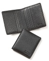 From BOSS Black, the slim pebbled leather bifold wallet, outfitted with six card slots and one bill slot.