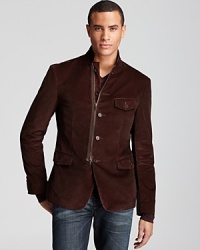 True to form, John Varvatos USA keeps your look fresh and innovative with this undeniably cool sport coat, rife with designer details like the asymmetrical zip front and a velveteen feel to maintain your modern edge. True to form, John Varvatos USA keeps your look fresh and innovative with this undeniably cool sport coat, rife with designer details like the asymmetrical zip front and a velveteen feel to maintain your modern edge.