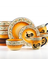 Wake up casual settings with the lively Cali Rooster dinnerware set. Painterly florals and feathered friends captured in a warm, earthy palette are just the thing for country kitchens and tables. With service for four from Tabletops Unlimited. Wake up casual settings with the lively Cali Rooster dinnerware set. Painterly florals and feathered friends captured in a warm, earthy palette are just the thing for country kitchens and tables. With service for four from Tabletops Unlimited.
