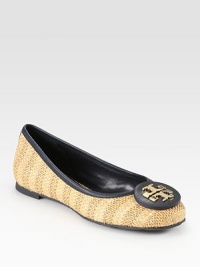 Finished with contrasting leather trim, this woven raffia flat has a rubber sole and signature designer emblem. Raffia and leather upperLeather liningRubber solePadded insoleImportedOUR FIT MODEL RECOMMENDS ordering true size. Finished with contrasting leather trim, this woven raffia flat has a rubber sole and signature designer emblem. Raffia and leather upperLeather liningRubber solePadded insoleImportedOUR FIT MODEL RECOMMENDS ordering true size.