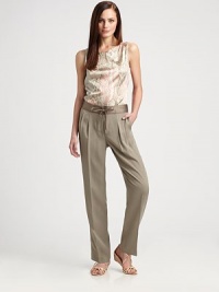 A classic design made from an ultra-soft fabrication. These pants feature a silk waistband for a touch of luxurious charm.Self-tie detail at waistbandZip flyPleated frontSlash pocketsBack waist dartsInseam, about 32Lyocell; silk waistbandDry cleanImported Model shown is 5'10 (177cm) wearing US size 4. OUR FIT MODEL RECOMMENDS ordering true size. A classic design made from an ultra-soft fabrication. These pants feature a silk waistband for a touch of luxurious charm.Self-tie detail at waistbandZip flyPleated frontSlash pocketsBack waist dartsInseam, about 32Lyocell; silk waistbandDry cleanImported Model shown is 5'10 (177cm) wearing US size 4. OUR FIT MODEL RECOMMENDS ordering true size.