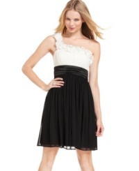 Pretty rosettes adorn the trim of this chic dress from Sequin Hearts! Gathered fabric creates soft lines and a feminine silhouette. Pretty rosettes adorn the trim of this chic dress from Sequin Hearts! Gathered fabric creates soft lines and a feminine silhouette.