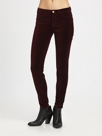 Mid-rise skinnies with a velvety finish and stretchy, leggings-like fit. THE FITRise, about 8Inseam, about 29THE DETAILSZip flyFour-pocket style98% cotton/2% spandexMachine washMade in USA of imported fabricModel shown is 5'10 (177cm) wearing US size 4. Mid-rise skinnies with a velvety finish and stretchy, leggings-like fit. THE FITRise, about 8Inseam, about 29THE DETAILSZip flyFour-pocket style98% cotton/2% spandexMachine washMade in USA of imported fabricModel shown is 5'10 (177cm) wearing US size 4.