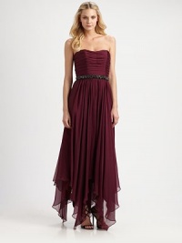 From its pleated bustier top to its embellished waist and handkerchief hem, this flowing silk dress is a stunner.Pleated bustier necklineEmbellished waist detailHandkerchief hemBack zipperAbout 32 from natural waistSilkDry cleanMade in USA of imported fabric Model shown is 5'10 (177cm) wearing US size 4. From its pleated bustier top to its embellished waist and handkerchief hem, this flowing silk dress is a stunner.Pleated bustier necklineEmbellished waist detailHandkerchief hemBack zipperAbout 32 from natural waistSilkDry cleanMade in USA of imported fabric Model shown is 5'10 (177cm) wearing US size 4.