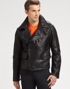 Sumptuous Italian leather lends rugged refinement to a trim-fitting jacket with a modern, asymmetrical construction.Zip/button frontZippered chest, waist flap pocketsAbout 21 from shoulder to hemLeatherDry cleanMade in Italy