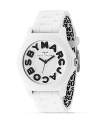 MARC BY MARC JACOBS goes graphic with his oversized rubber watch. Black signature logo on front and printed on interior of strap. Analog style, sweep second hand.
