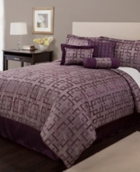 An intense purple palette commingles with a modern geometric design and subtle stripes to lend an air of sophistication to the bedroom in this jacquard woven Westcott comforter set. An intense purple palette commingles with a modern geometric design and subtle stripes to lend an air of sophistication to the bedroom in this jacquard woven Westcott comforter set.