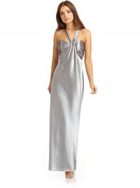 THE LOOKHalter necklineSide zip closurePleated and ruched bustRhinestone and chain details on bodice and halter strapTHE FITAbout 62 from shoulder to hemTHE MATERIAL97% polyester/3% spandexCARE & ORIGINDry cleanImported THE LOOKHalter necklineSide zip closurePleated and ruched bustRhinestone and chain details on bodice and halter strapTHE FITAbout 62 from shoulder to hemTHE MATERIAL97% polyester/3% spandexCARE & ORIGINDry cleanImported