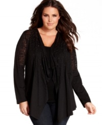 Layer your sleeveless styles with Calvin Klein's open front plus size cardigan, featuring a burnout finish and studded front.