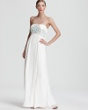 This floor-sweeping SW Studio by Sue Wong strapless gown is crowned by a brightly beaded bodice for ethereal glamour.