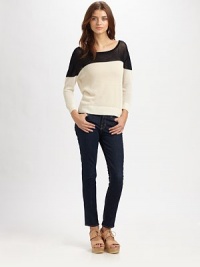 Bold colorblock updates this loosely woven blend of cotton and cashmere, all in a relaxed-fit pullover.BoatneckDropped shouldersLong sleevesRibbed trimAbout 23 from shoulder to hem50% cashmere/50% silkDry cleanMade in USAModel shown is 5'9½ (176cm) wearing US size Small. Bold colorblock updates this loosely woven blend of cotton and cashmere, all in a relaxed-fit pullover.BoatneckDropped shouldersLong sleevesRibbed trimAbout 23 from shoulder to hem50% cashmere/50% silkDry cleanMade in USAModel shown is 5'9½ (176cm) wearing US size Small.