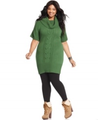 Fall in love with Extra Touch's short sleeve plus size sweater dress, finished by a cowl neckline and cable detail. Fall in love with Extra Touch's short sleeve plus size sweater dress, finished by a cowl neckline and cable detail.