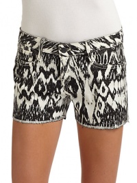 THE LOOKCoated ikat print denim reverses to solid colorMid-width waistband with belt loops and logo button closureFront zipperFive-pocket styleRaw edge hemTHE FITRise, about 8Inseam, about 2½THE MATERIAL95% cotton/3% spandex/2% elasterellCARE & ORIGINFreeze cleanMade in USAModel shown is 5'10 (177cm) wearing US size 4. To freeze clean: Spot clean stains and air dry. Fold lengthwise and place in zip lock bag. THE LOOKCoated ikat print denim reverses to solid colorMid-width waistband with belt loops and logo button closureFront zipperFive-pocket styleRaw edge hemTHE FITRise, about 8Inseam, about 2½THE MATERIAL95% cotton/3% spandex/2% elasterellCARE & ORIGINFreeze cleanMade in USAModel shown is 5'10 (177cm) wearing US size 4. To freeze clean: Spot clean stains and air dry. Fold lengthwise and place in zip lock bag.