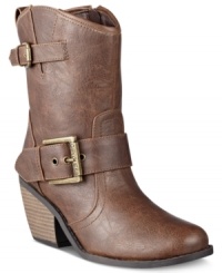 A great western-inspired boot that can go the distance. G by GUESS's Elektra booties feature buckled straps at the ankles and a small stacked heel. A great western-inspired boot that can go the distance. G by GUESS's Elektra booties feature buckled straps at the ankles and a small stacked heel.