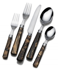 Make a statement with every place setting in the Mikasa Tortoise flatware set. Acrylic handles marbled with the rich browns of tortoiseshell work with polished stainless steel to redefine casual tables. Make a statement with every place setting in the Mikasa Tortoise flatware set. Acrylic handles marbled with the rich browns of tortoiseshell work with polished stainless steel to redefine casual tables.