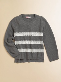 Lace stripes add a glam touch to this cozy, long-sleeved pullover.CrewneckLong sleevesPullover styleUneven hem60% rayon/40% cottonHand washImported Lace stripes add a glam touch to this cozy, long-sleeved pullover.CrewneckLong sleevesPullover styleUneven hem60% rayon/40% cottonHand washImported