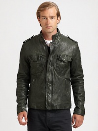 Washed leather jacket embodies a military-inspired look with shoulder epaulettes, in addition to a chest flap, zippered side pockets and a snap-button placket for maximum style and versatility.Zip frontStand collarShoulder epaulettesChest flap, zippered waist slash pocketsAbout 26 from shoulder to hemLeatherDry cleanImported Washed leather jacket embodies a military-inspired look with shoulder epaulettes, in addition to a chest flap, zippered side pockets and a snap-button placket for maximum style and versatility.Zip frontStand collarShoulder epaulettesChest flap, zippered waist slash pocketsAbout 26 from shoulder to hemLeatherDry cleanImported