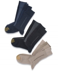 This four pack of dress socks from Gold Toe contains timeless classics for your wardrobe. This four pack of dress socks from Gold Toe contains timeless classics for your wardrobe.