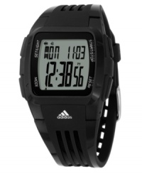 Get the ultimate in sporty style with this watch by adidas. Black polyurethane strap and square polycarbonate case. Logo at bezel. Positive display digital dial with time, seconds, date, day and alarm. Quartz movement. Water resistant to 50 meters. Two-year limited warranty. Get the ultimate in sporty style with this watch by adidas. Black polyurethane strap and square polycarbonate case. Logo at bezel. Positive display digital dial with time, seconds, date, day and alarm. Quartz movement. Water resistant to 50 meters. Two-year limited warranty.