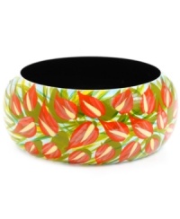 Infuse your look with the wild colors and funky patterns of Brasil. Crafted in painted wood, Haskell's Floral bangle features an orange, yellow and green leaf pattern. Approximate diameter: 2-1/2 inches. Approximate length: 8 inches. Infuse your look with the wild colors and funky patterns of Brasil. Crafted in painted wood, Haskell's Floral bangle features an orange, yellow and green leaf pattern. Approximate diameter: 2-1/2 inches. Approximate length: 8 inches.
