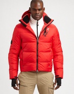 A water-resistant and repellent down jacket features interior techno-fleece piecing and is designed with a wind-guard hood, storm cuffs and thumbholes for added protection against the elements.Two-way zip frontRemovable drawstring hoodZippered chest, waist pocketsAbout 23 from shoulder to hemNylonMachine washImported