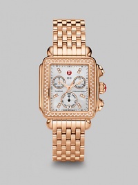 From the Deco Collection. A warm rose goldtone design with brilliant diamond accents and a chronograph dial. Swiss quartz movementWater resistant to 5 ATMRectangular rose goldtone stainless steel case, 33mm (1.3) X 35mm (1.4)Diamond bezel and markers, .66 tcwMother-of-pearl chronograph dialDate display at 6 o'clockSecond hand Rose goldtone stainless steel link bracelet, 18mm wide (0.7)Imported