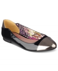 A metallic cap toe adds edge to the stylish Bullet flats by Pink and Pepper. A metallic cap toe adds edge to the stylish Bullet flats by Pink and Pepper.