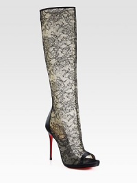 Elegant floral lace mesh combines with satin in this heightened, open toe silhouette. Satin-covered heel, 4½ (115mm)Shaft, 16Leg circumference, 12¾Lace and satin upperBack zipLeather liningSignature red leather solePadded insoleMade in Italy Elegant floral lace mesh combines with satin in this heightened, open toe silhouette. Satin-covered heel, 4½ (115mm)Shaft, 16Leg circumference, 12¾Lace and satin upperBack zipLeather liningSignature red leather solePadded insoleMade in Italy