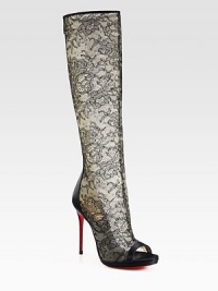 Elegant floral lace mesh combines with satin in this heightened, open toe silhouette. Satin-covered heel, 4½ (115mm)Shaft, 16Leg circumference, 12¾Lace and satin upperBack zipLeather liningSignature red leather solePadded insoleMade in Italy