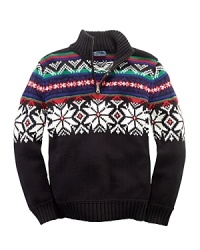 An essential half zip mockneck sweater is rendered with an intarsia-knit snowflake motif for seasonal style. An essential half zip mockneck sweater is rendered with an intarsia-knit snowflake motif for seasonal style.