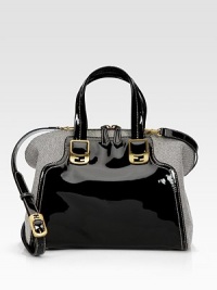 Shiny patent leather combines with ultra-luxe canvas in this tailored silhouette. Patent leather top handles, 5 dropAdjustable detachable patent leather shoulder strap, 18-24½ dropTop zip closureProtective metal feetTwo inside open pocketsFully lined12W X 10H X 6DMade in Italy