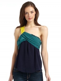 THE LOOKColorblock designOne-shoulder style with gathered detailsDraped, pleated bustSide zip closureTHE FITAbout 24 from shoulder to hemTHE MATERIALPolyesterCARE & ORIGINMachine washImportedModel shown is 5'9 (175cm) wearing US size Small. THE LOOKColorblock designOne-shoulder style with gathered detailsDraped, pleated bustSide zip closureTHE FITAbout 24 from shoulder to hemTHE MATERIALPolyesterCARE & ORIGINMachine washImportedModel shown is 5'9 (175cm) wearing US size Small.