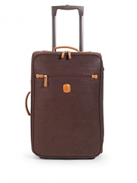 THE LOOKTwo-wheel trolleyLeather side and top handlesRetractable locking handleRemovable luggage tagOne outside zip compartmentZip-around closureOne inside zip compartmentTwo plastic bottom feetFour protective side feetOne inside zip pocketTHE MEASUREMENTSide and top handles, 1 dropLocking handle, 17 drop14W X 21H X 7½DTHE MATERIALPVCLeather trimFully linedORIGINImported THE LOOKTwo-wheel trolleyLeather side and top handlesRetractable locking handleRemovable luggage tagOne outside zip compartmentZip-around closureOne inside zip compartmentTwo plastic bottom feetFour protective side feetOne inside zip pocketTHE MEASUREMENTSide and top handles, 1 dropLocking handle, 17 drop14W X 21H X 7½DTHE MATERIALPVCLeather trimFully linedORIGINImported