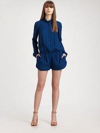 The look of a tailored silk button-down revamped in this season's must have one-piece silhouette.Stand collarButton-down placketPleated details below shoulderElastic waistbandBack box pleatBack patch pocketRise, about 9Inseam, about 3SilkDry cleanImportedModel shown is 5'10 (177cm) wearing US size 4. The look of a tailored silk button-down revamped in this season's must have one-piece silhouette.Stand collarButton-down placketPleated details below shoulderElastic waistbandBack box pleatBack patch pocketRise, about 9Inseam, about 3SilkDry cleanImportedModel shown is 5'10 (177cm) wearing US size 4.