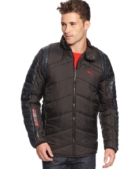 Take the wheel and guide your sporty style across the finish line with this sleek, quilted Ferrari jacket from Puma. Take the wheel and guide your sporty style across the finish line with this sleek, quilted Ferrari jacket from Puma.