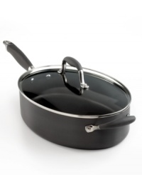Pure genius-this sauté steps up your kitchen with a spacious oval base that accommodates menus of all sizes-from family gatherings to large dinner parties. The generous depth of this pan is ideal for frying chicken, searing salmon, crisping potatoes and more. A heavy-gauge, hard-anodized construction with Autograph® 2 nonstick guarantees a healthier, quicker and more precise approach to cooking. Lifetime warranty. Pure genius-this sauté steps up your kitchen with a spacious oval base that accommodates menus of all sizes-from family gatherings to large dinner parties. The generous depth of this pan is ideal for frying chicken, searing salmon, crisping potatoes and more. A heavy-gauge, hard-anodized construction with Autograph® 2 nonstick guarantees a healthier, quicker and more precise approach to cooking. Lifetime warranty.