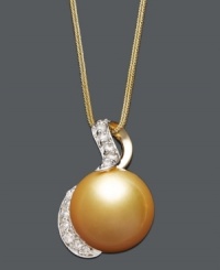 Add a burst of sunshine to your neckline. This rich pendant highlights a golden cultured South Sea pearl (13 mm), swirling round-cut diamonds (1/3 ct. t.w.), and a 14k gold setting. Approximate length: 18 inches. Approximate drop: 1 inch. Add a burst of sunshine to your neckline. This rich pendant highlights a golden cultured South Sea pearl (13 mm), swirling round-cut diamonds (1/3 ct. t.w.), and a 14k gold setting. Approximate length: 18 inches. Approximate drop: 1 inch.