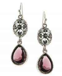 Mesmerizing amethyst hues makes a stunning statement on 2028's teardrop earrings. With plastic beads and simulated marcasite. Crafted in silver tone and hematite tone mixed metal. Approximate drop length: 1-1/2 inches. Approximate drop width: 1/2 inch. Mesmerizing amethyst hues makes a stunning statement on 2028's teardrop earrings. With plastic beads and simulated marcasite. Crafted in silver tone and hematite tone mixed metal. Approximate drop length: 1-1/2 inches. Approximate drop width: 1/2 inch.