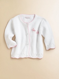 The pretty princess and her towering castle are sweetly embroidered on the front of a cozy pima cotton cardigan with pointelle stitched trim.Round neckline with contrast crocheted edging Long sleeves and hem with scalloped crocheted trim and pointelle stitching Button front Cotton Machine wash Imported Please note: Number of buttons may vary with size ordered. The pretty princess and her towering castle are sweetly embroidered on the front of a cozy pima cotton cardigan with pointelle stitched trim.Round neckline with contrast crocheted edging Long sleeves and hem with scalloped crocheted trim and pointelle stitching Button front Cotton Machine wash Imported Please note: Number of buttons may vary with size ordered.