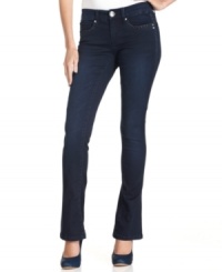 Seven7's updated petite take on 70s-inspired bohemian chic features a brilliant dark wash and embroidered flap pockets at the back. Seven7's updated petite take on 70s-inspired bohemian chic features a brilliant dark wash and embroidered flap pockets at the back.