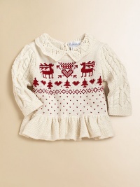With its classic knit reindeer design, a sweet cable-knit cotton cardigan features pointelle ruffles and a peplum hem capturing the spirit of the season.Pointelle ruffled collarLong cable-knit sleevesSingle back buttonPeplum hemCottonMachine washImported Please note: Number of buttons may vary depending on size ordered. With its classic knit reindeer design, a sweet cable-knit cotton cardigan features pointelle ruffles and a peplum hem capturing the spirit of the season.Pointelle ruffled collarLong cable-knit sleevesSingle back buttonPeplum hemCottonMachine washImported Please note: Number of buttons may vary depending on size ordered.