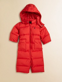 Keep baby warm from head to toe in a cozy snowsuit in channel-quilted microfiber filled with featherweight down and finished with a detachable hood.Detachable hoodLong sleevesFull-zip frontHand pocketsElastic cuffs and hemFully linedShell and lining: PolyesterFill: 60% down/40% waterfowl feathersMachine washImported Please note: Number of snaps may vary depending on size ordered. 