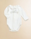 Featuring a dazzling Chloe logo, this soft cotton one-piece has a touch of stretch so it will move with her.Ruffle necklineLong sleevesBack and bottom snap closure94% cotton/6% elastaneMachine washImportedAdditional InformationKid's Apparel Size Guide 