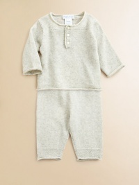 A luxurious set for baby features an adorable sweater and matching pant rendered in sumptuous cotton knit for style and comfort. Cardigan Rolled neckLong sleeves with rolled cuffsButton-front Pants Elastic waistband with drawstring bowRolled hemCottonDry cleanImported Please note: number of buttons may vary depending on size ordered. A luxurious set for baby features an adorable sweater and matching pant rendered in sumptuous cotton knit for style and comfort. Cardigan Rolled neckLong sleeves with rolled cuffsButton-front Pants Elastic waistband with drawstring bowRolled hemCottonDry cleanImported Please note: number of buttons may vary depending on size ordered.