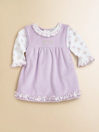 A lavender print, pima cotton bodysuit meets a ruffled jumper for a set as precious as baby. Bodysuit Ruffled crewneckLong sleeves with ruffled cuffsBack snapsBottom snaps Jumper CrewneckSleevelessBack snapsRuffled hemJumper: 80% cotton/20% polyesterPima cottonMachine washImported Please note: Number of snaps may vary depending on size ordered. A lavender print, pima cotton bodysuit meets a ruffled jumper for a set as precious as baby. Bodysuit Ruffled crewneckLong sleeves with ruffled cuffsBack snapsBottom snaps Jumper CrewneckSleevelessBack snapsRuffled hemJumper: 80% cotton/20% polyesterPima cottonMachine washImported Please note: Number of snaps may vary depending on size ordered.