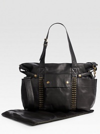 You'll still be carrying this elegant bag long after baby has grown, crafted of light, soft leather with two outer snap flap pockets, 2 open bottle pockets on each side, water-resistant lining with 1 zip and 3 open pockets, plus a matching changing pad.Two adjustable top handles, 11 drop Detachable shoulder strap Top zip closure 12H X 16W X 6D Made in USA You'll still be carrying this elegant bag long after baby has grown, crafted of light, soft leather with two outer snap flap pockets, 2 open bottle pockets on each side, water-resistant lining with 1 zip and 3 open pockets, plus a matching changing pad.Two adjustable top handles, 11 drop Detachable shoulder strap Top zip closure 12H X 16W X 6D Made in USA