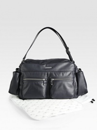 A large, faux leather carryall for baby and mom with adjustable shoulder strap, plenty of pockets, compartments and a wipe clean changing pad.Adjustable shoulder strapTop zip closureOutside zip pocketsOutside open pocketsInside open pocketsChanging pad: CottonBag: PolyurethaneSpot cleanImported A large, faux leather carryall for baby and mom with adjustable shoulder strap, plenty of pockets, compartments and a wipe clean changing pad.Adjustable shoulder strapTop zip closureOutside zip pocketsOutside open pocketsInside open pocketsChanging pad: CottonBag: PolyurethaneSpot cleanImported